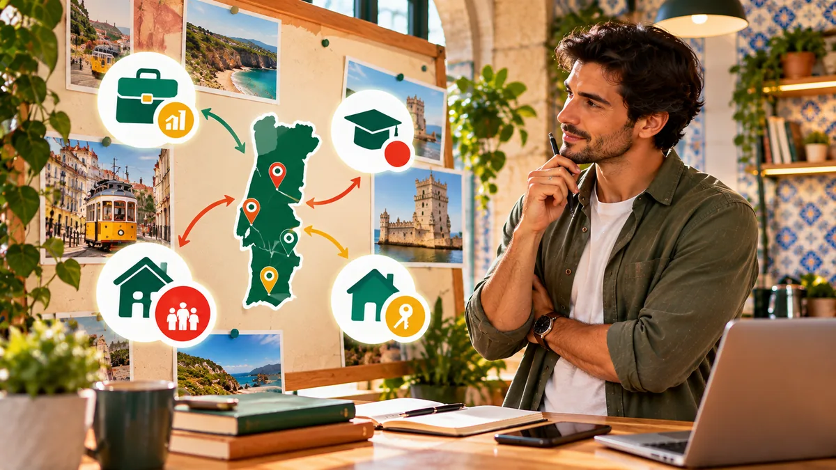 Homem pensativo diante de um painel com fotografias de Portugal e um mapa do país, ligado a ícones de trabalho, estudo, família e habitação