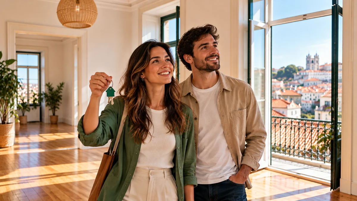 Casal sorridente num apartamento vazio e luminoso em Lisboa, com a mulher a segurar as chaves da nova casa junto a uma janela com varanda
